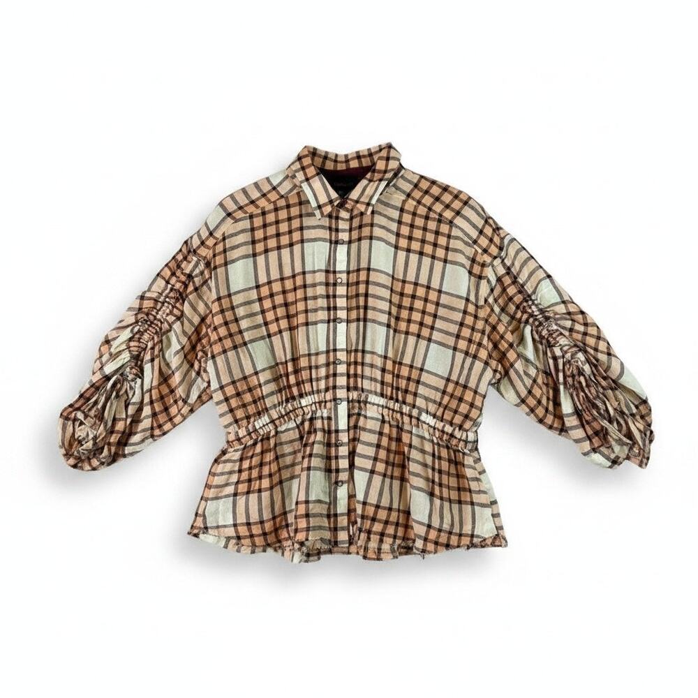 NWT Free People Pacific Dawn Peplum Plaid Button Top Wool Blend Peach S Bohemian